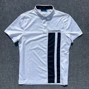 J.Lindeberg Mens XL White Black Stripe Regular Fit Golf Polo Shirt Short Sleeve